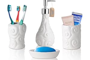 Comfify Designer - 4 Piece Bathroom Accessories Set - with Soap or Lotion Dispenser, Toothbrush Holder, Tumbler and Soap Dish - Glossy Finish - Porcelain (Ocean Waves, White) Holds 15.6oz