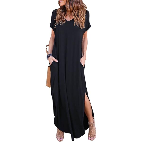 HUSKARY Women's Summer Casual Sleeveless V-Neck Maxi Dress - Loose Fit, Side Split, Adjustable Straps, With Pockets