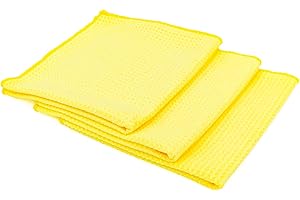 The Rag Company Standardowe ręczniki z mikrofibry o splocie waflowym (3-pak) szczegóły, okna, szkło i suszenie, wosk i polerowanie, bez kłaczków, bez smug, 370 g/m², 40 cm x 40 cm, żółty
