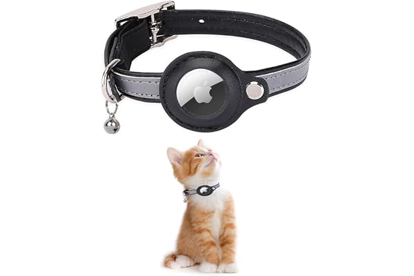 KOLACEN Collier réfléchissant en cuir AirTag pour chat, collier GPS pour chat avec support réglable AirTag et clochette compatible avec Apple AirTag, collier de suivi anti-perte pour chats, chatons et