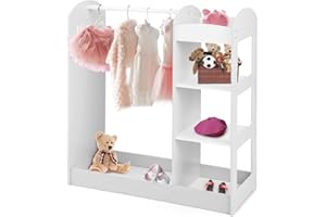 LIFEZEAL Armario infantil de ropa, ropero con perchero y 4 estantes, organizador de madera con espejo entero, mueble de almacenamiento de dormitorio para niños, 93,5 x 38 x 100 cm（Blanco）