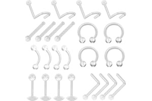 Fozuanei 24 Pcs Clear Piercing Retainer, Plastic Nose Studs Hide Piercing, Nipple Nose Rings, Bone Screw Nose Piercing, Transparent Ear Retainer for Earring, Barbells Cartilage, Tongue, Eyebrow