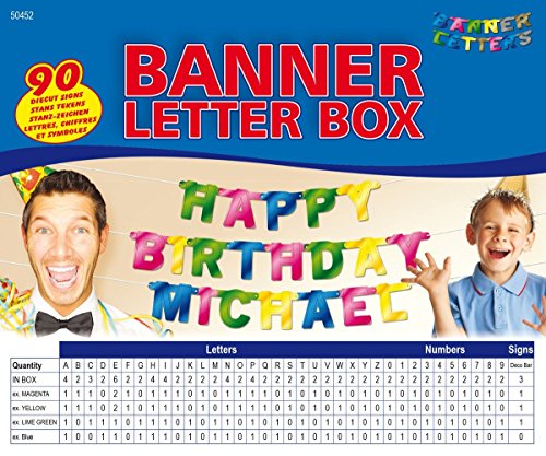 Erstelle deine eigene Girlande! // MEGA BANNER LETTER BOX für eine individuelle Buchstaben Girlande mit 90 farbigen Buchstaben, Zahlen und Zeichen + 25 Verbinder und Schnur // Wimpelkette Geburtstag Jubiläum Party Hochzeit Feier Fete Happy Birthday