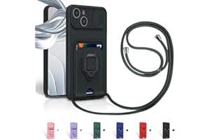 Aithne Funda con Cuerda para iPhone 13 Case con Ranura para Tarjetas,360 Anillo función de Soporte Cubierta -Negro