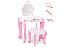 LIFEZEAL Tocador de Maquillaje niña, Tocador con Taburete y Espejo extraíble, Mesa Infantil 2 en 1 con cajón de Almacenamiento, Escritorio de Madera para niña de 3 a 7 años