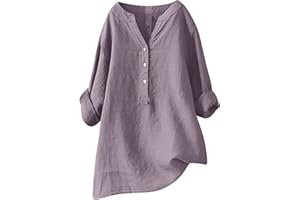 FUNALOE Womens Tops Linen Tops for Women UK Casual Loose Long Sleeve T-Shirt V Neck Cotton Shirt Women Summer Tops Swing Plus Size Button Up Shirt Womens Tunic Tops Solid Color Elegant Tshirt Size 8-22