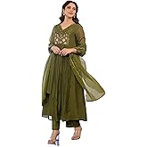 Nermosa Women Embroidery Solid Anarkali Kurta and Pant Set with Dupatta