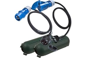 IntuiFlex Set d'adaptateurs CEE Schuko 1,5m/1,5 m avec Boîtier de Sécurité Fiche et Prise - pour Camping, Bateau, Camping-Car, Caravane - Câble en Caoutchouc H07RN-F 3x2,5 mm² 230V 16A - Bleu IP44