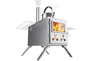 MOPHOTO Hot Tent Stove, Camping Wood Stove with 8 Stainless Steel Chimney Pipes,for Tent, Outdoor Heating, Cooking, Ice Fishing, Hunting (46 x 25 x 27 cm)