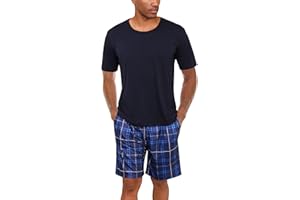 Uniexcosm Mens Short Pyjamas Set Classic Plaid Sleepwear T-Shirt Top with Shorts Bottoms Cotton Pjs Set Loungewear Summer