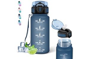 GRSTA Borraccia 500ml per Bambini Con Cannuccia Senza Perdite, Orari per Bere, Facile da Pulire, Motivazionale Con Scala Temporale - per Scuole, Campeggio, Blu Navy