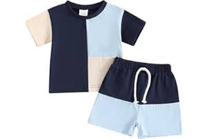Vioyavo Toddler Kids Boys Summer Shorts Set Contrast Color Short Sleeve Round Neck T-shirt Top Elastic Waist Shorts 2Pcs Outfit
