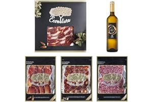 ECONATURA GOURMET Cesta Gourmet para regalar. Jamón Ibérico Bellota, Salchichón Ibérico, Chorizo Ibérico, Lomo Ibérico, Vino Blanco Verdejo. Cesta gourmet para regalar con Vino.