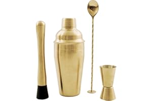 Point-Virgule Juego de coctelera con coctelera, jigger, cuchara y batidora de cóctel, 4 piezas, color dorado