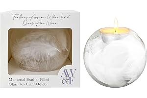 ANGELS WINGS AND FEATHERS THOUGHTFUL MEMORIAL GIFTS Glass Candle Holder with Soft Feather Filling – 10x10x9cm Tea Light Holder Sympathy Gift for Comforting Moments – Memorial Candle Keepsake & Remembrance Gifts – Angels Wings & Feathers