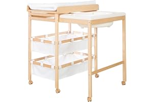 roba Table à Langer avec Baignoire Coulissante Baby Pool 2EN1 avec Matelas Imperméable Blanc et 2 Compartiments de Rangement - Bain Bébé Dès la Naissance - Bois Naturel