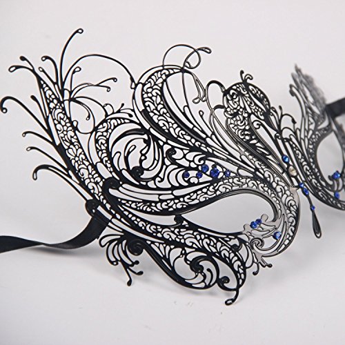 Gearmax® Sexy Glänzende Metall Schwarz venezianischen Maskerade-Maske für Frauen mit Kristallen Halbaugenmaske (Schwarz mit Blaustraß) - 3