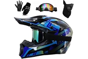 GDAONUDK Youth Adult Electric Dirt Bike Full Face Motorbike Helmet Set for Boys Girls Quad Bikes BMX MTB ATV Offroad Helmet with Goggles Gloves Mask DOT Approved(226 blue stripes,S(52-55CM))