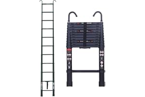 HUINI 3.2m Telescopic Ladder Extendable Ladder Aluminum Ladder with Detachable Hook Non-Slip Portable Folding Ladder 150kg Max Load Black
