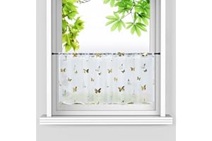 HeichkelL Zazdrostka woalowa, firanka bistro, złota, błyszcząca, krótka, ze ściągaczem tunelowym, na małe okno, do kuchni, motyle, wzór dekoracyjny, biała, wys. x szer. 45 x 90 cm