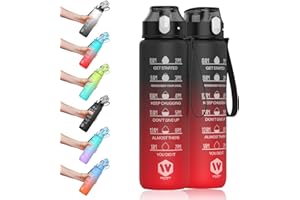 WHIPY 1L Water Bottle with Straw - Leak-Proof & BPA Free Reusable Sports Bottle - Motivational Time Markings for Hydration Durable Drink Bottle for Gym, Sports (Black and Red)