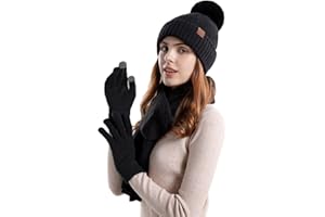 TMEOG Czapka, szalik, rękawiczki, zestaw dla kobiet, czapka zimowa z pomponem, czapka z dzianiny z polarową podszewką, ciepły długi szalik, rękawiczki do