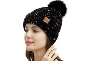 REDESS Femmes Hiver Pompon Bonnet Chapeau Polaire Doublé Chaud Chapeaux, Épais Slouchy Neige Tricot Bonnet Croisé pour Dames