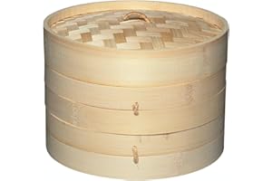 KitchenCraft World of Flavours 2cm Bamboo Steamer Basket, 2 Tier, Ideal for Best for Dim Sum, Vegetables, Bao Buns, Meat and Fish, Beige