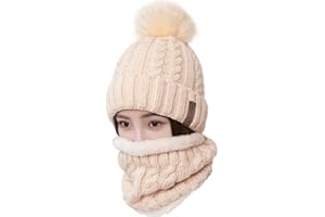 GENERIC Womens Pom Beanie Hat Scarf Set Girls Winter Ski Hat Slouchy Knit Cap with Fleece Lined