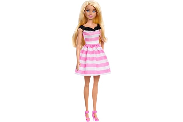 Barbie Doll and Accessories, 65th Anniversary Commemorative Doll with Blonde Hair, Pink and White Striped Dress with Matching Heels