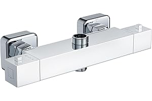MORADO Thermostatic Bar Mixer Shower, Thermostatic Shower Bar with 3/4" G Top Outlet and 1/2" G Bottom Outlet,Square Shape, Brass, Chorme Finished, Wall-Mounted