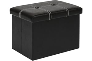 Bonlife Synthetic Leather Ottoman Storage Box with Lid, Foldable Footstool, Kids Bedroom Furniture, Toy Chest, Rectangle Stool, Black, 42x32x32 cm