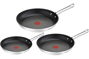 Tefal Duetto Lot de 3 poêles 20/24/28 cm, Induction, Acier inoxydable, Revêtement antiadhésif, Thermo-Spot, Cuisson saine, Saisie parfaite A704S363