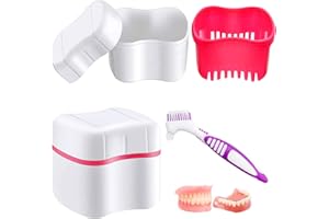 Hioph Denture Bath Box, Denture Cleaner Toothbrush Case, Denture Box with Rinsing Basket, Denture Retainer Care Cleaner Cup Container for Travel Soaking and Cleaning Dentures Pink