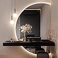 Zhoudong Semicircle Anti-Fog Mirror Bathroom Mirror, LED Backlit Vanity Mirror for Home Decor, Half Moon Frameless Wall Mirror, 3 Colors Light Entryway Full Length Mirror with Touch Button(Right cut,7