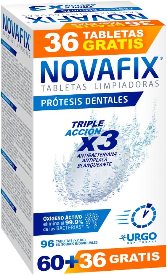 Novafix - Tabletas Limpiadoras Triple Acción - Para prótesis dentales - Caja con 96 unidades (formato económico)