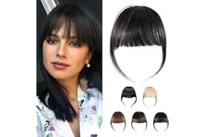 DSOAR Flequillo de Cabello Humano Real Flequillo Plano Clip en Flequillo Extensiones de Cabello Flequillo de Cabello con Patillas, Color Negro Natural