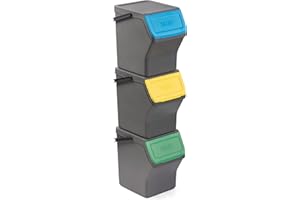Tatay Cubos de Basura Reciclaje Easy Waste 20L | Set de 3 | Diseño Modular y Apilable | Tapa con Sistema Click | Asa de Transporte Integrada | Hecho de Material Reciclado | 35x27x36 cm - Gris