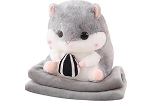 MUZIRI KINOKOO Plüsch Kissen Decke Niedlich Hamster Plüsch Decke für TV Sofa Faltbare Überwurfdecke Gefüllte Wurfkissen Flugzeug Decke Weiche Plüschtier Decke Grau mit Sonnenblumenkernen