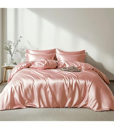 Freyamy Housse Couette Satin 140x200cm Rose + Taie 65x65cm - Parure Lit Luxe Brillante