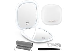 Funtopia Miroir grossissant avec lumière - Grossissement 1 x / 10 x - Rétroviseur Compact à intensité Variable avec LED Double Face - pour Sac à Main et Poche - 9,9 cm - Chargement USB - Blanc