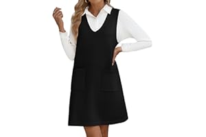 HOTOUCH Jumper Dress Women Sleeveless Sweater Vest Dress Casual V Neck Knit Fall Dresses Loose Knitwear with Pockets