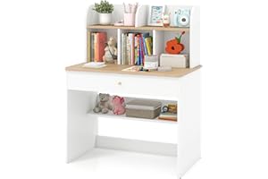 GYMAX Wooden Kids Desk, Children Study Table with Storage Shelf, Drawer and Hutch, Student Writing Desk for Reading, Studying, Drawing (White + Natural)