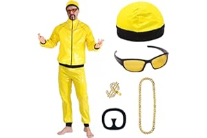 BITOYO 90s Rapper Celebrity Ali g Costume Adults Set Yellow Shell Suit Hat Black Goatee Dollar Ring Sunglasses Gold Necklace for Fancy Dress Funny Halloween Christmas Carnival Stag Do Disco