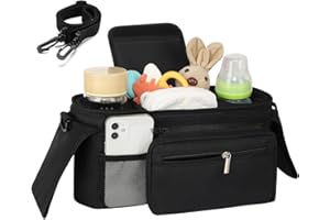 MORDELY Universal Stroller Organizer with Insulated Cup Holder - Detachable Phone Bag & Shoulder Strap, Fits for Stroller Like Uppababy, Baby Jogger, Britax, BOB, Umbrella and Pet Stroller (Black) (Black)