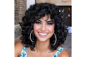 PORSMEER Pelucas Mujer Afro Pelo Natural Corto Rizado Grande con Flequillo,Negro 12 Pulgada Peluca Pelo Natural para fiesta disfraz de Halloween