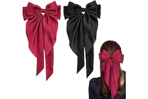BH-MISSTARS 2 PCS Big Bow Hair Clips, Large Bowknot Hairpin French Hair Clips with Long Silky Satin Ribbon Solid Color Hair Barrettes Accessories for Women Girls (Red+Black)
