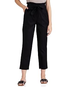 Amazon Brand - Symbol Women's Tapered Paper Bag Trousers (High Rise Ankle Length | with Self Fabric Belt) (CT-19 Cont_Black_26)