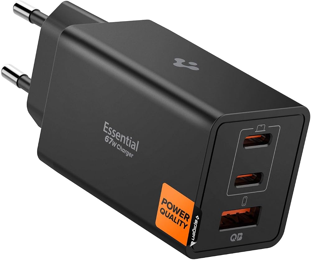 Spigen 67W USB-C + USB-A 3 Port Hızlı Şarj Aleti PPS 3.0 Super Hızlı Şarj GaN Pro Isı Düşürücü Güç Adaptörü Akım Koruma iPhone & Android & iPad & MacBook Type-C Black - ACH09458