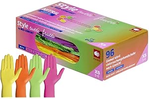 AMPRI Tuttifrutti Nitrile Disposable Gloves, 96 Gloves in a Dispenser Box, Colour Mix, Pink, Orange, Yellow and Green, Size M